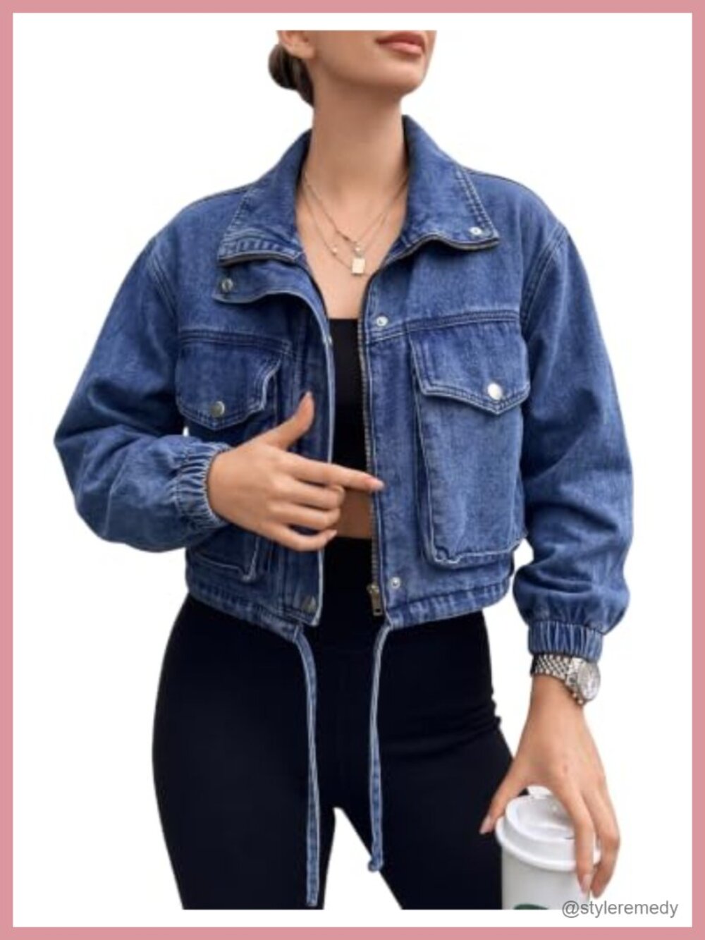 Women's Cropped Denim Jacket Zip Up Lightweight Jean Coat